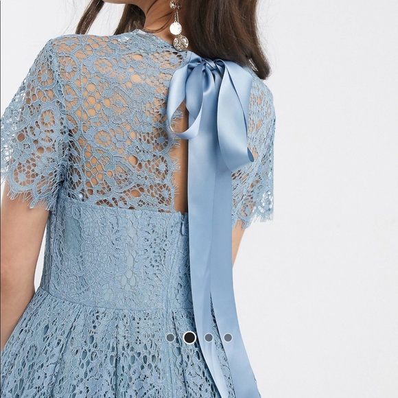 Blue Lace Midi Dress with ribbon tie and open back - Picture 2 of 13